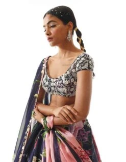 Navy Blue Embroidered Blouse With Printed Organza Satin Lehenga And Dupatta -Africans Shop mmss239123