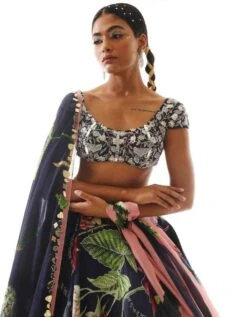 Navy Blue Embroidered Blouse With Printed Organza Satin Lehenga And Dupatta -Africans Shop mmss239124