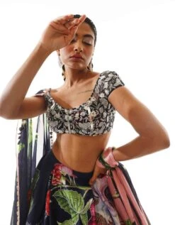 Navy Blue Embroidered Blouse With Printed Organza Satin Lehenga And Dupatta -Africans Shop mmss23912b