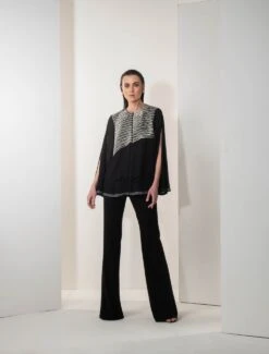 Black Metallic Cord Split Sleeve Top