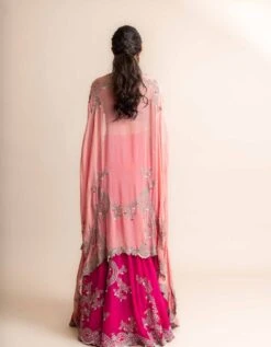 Fuchsia Hand Embroidered Lehenga And Yoke Blouse With Dusty-Rose Dupatta Cape -Africans Shop nkind23005rnorb