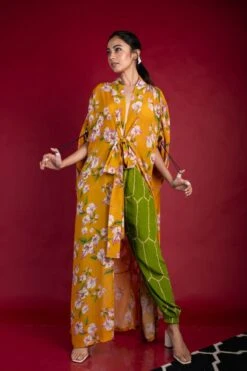 Yellow And Pista Green Big Jacket With Track Pant Set