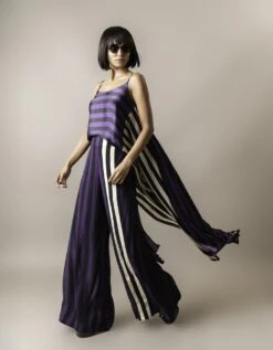 Aubergine Stripes Print On Satin Strappy Singlet Top With Crepe A-Line Pants -Africans Shop nkrs24028abg3