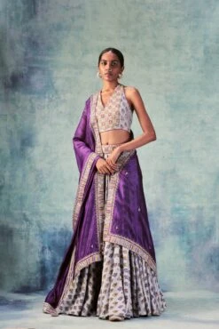 Grey Printed Lehenga Paired With Halter Neck Blouse & Dupatta
