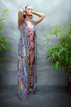 African Print Embroidered Jacket With Bustier And Short Pants