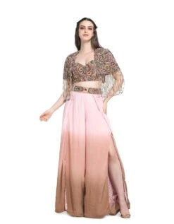 Pink And Brown Ombre Pants With Embroidered Cape And Busiter