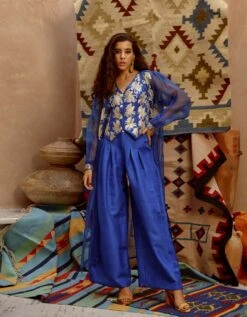 Azure Blue Sheer Jacket With Waist Coat And Papa Pants -Africans Shop pviw230182