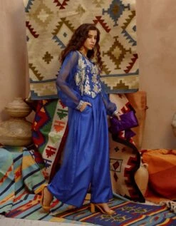Azure Blue Sheer Jacket With Waist Coat And Papa Pants -Africans Shop pviw230183