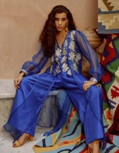 Azure Blue Sheer Jacket With Waist Coat And Papa Pants -Africans Shop pviw23018b