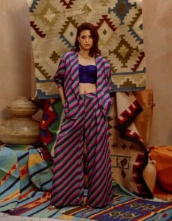 Multi-Colour Indi-Leheriya Oversized Jacket With Corset And Papa Pants -Africans Shop pviw230363