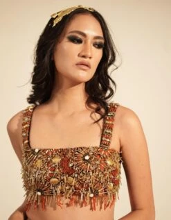 Black Luxe Suiting Crop Top With Coral & Metallic Gold Embellishment -Africans Shop qutrs240123