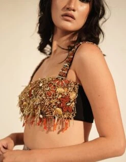 Black Luxe Suiting Crop Top With Coral & Metallic Gold Embellishment -Africans Shop qutrs24012b