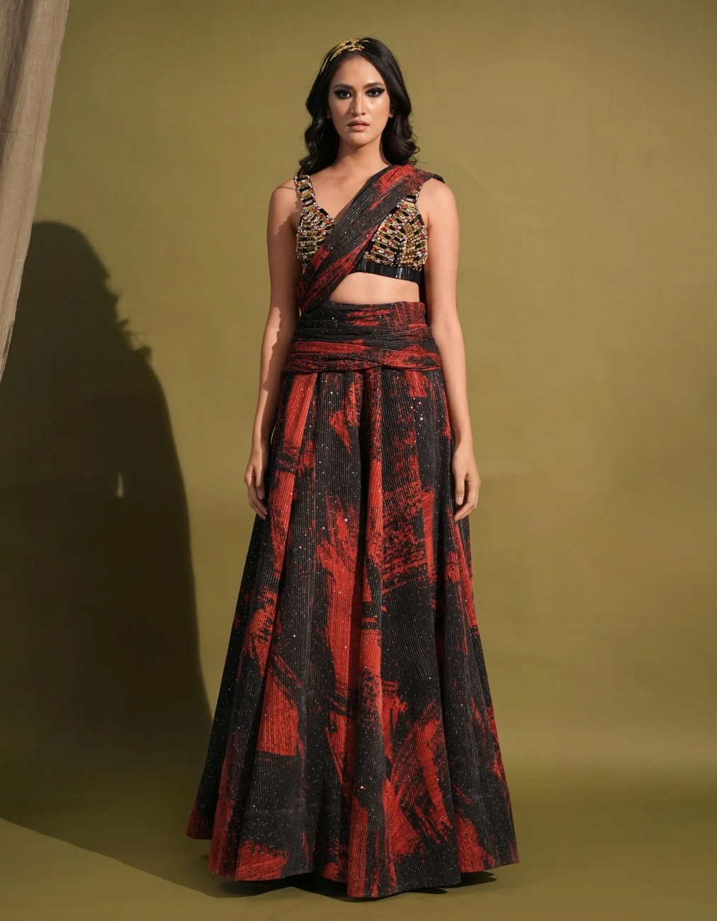 Red & Black Stroke Print Lehenga Blouse Set Metallic Gold Embellishment 3 Red & Black Stroke Print Lehenga Blouse Set Metallic Gold Embellishment