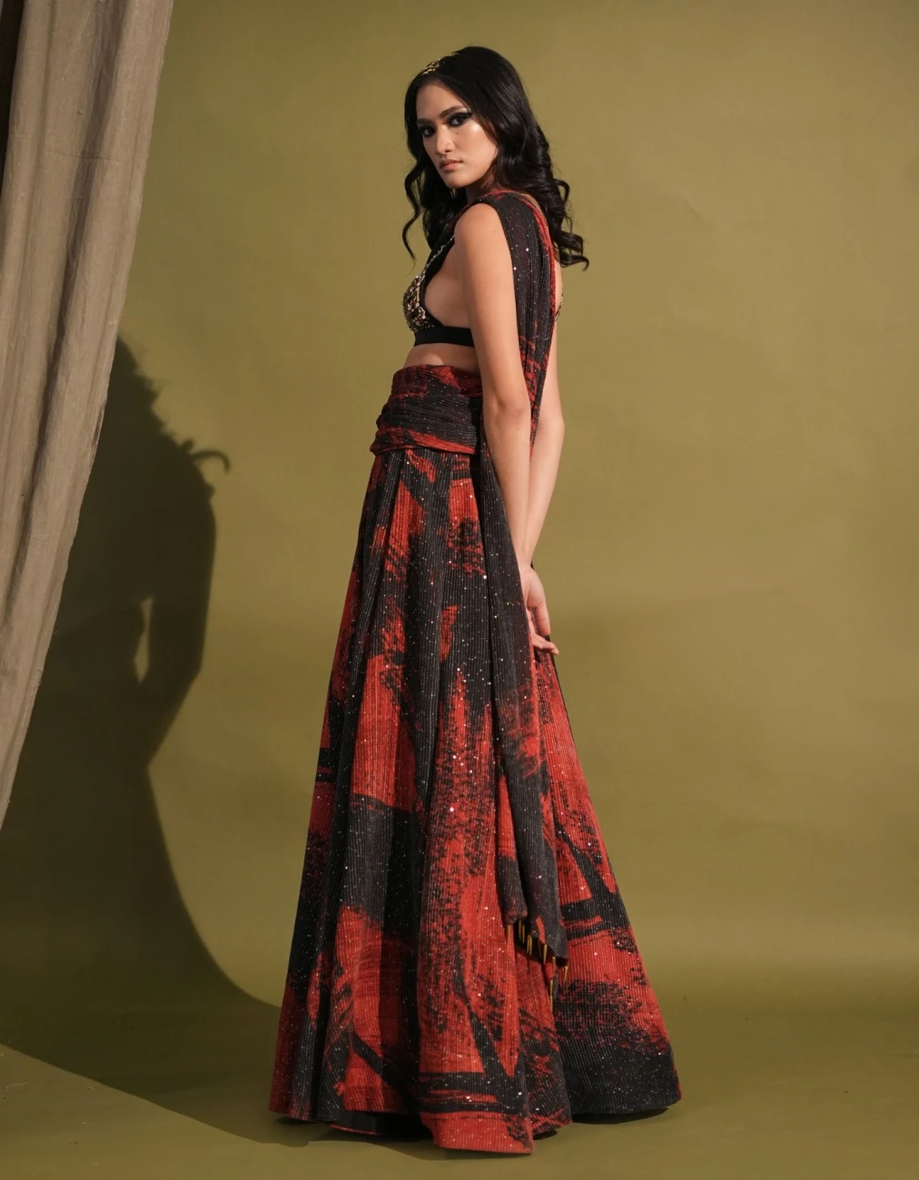 Red & Black Stroke Print Lehenga Blouse Set Metallic Gold Embellishment 7 Red & Black Stroke Print Lehenga Blouse Set Metallic Gold Embellishment - Image 5