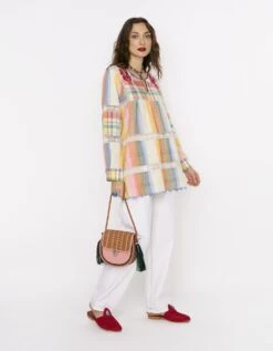 The Checks & Rainbow Striped Top W Hand Embroidered Lobsters On Yoke & Scalloping Detail At Hem -Africans Shop rarasss2023462