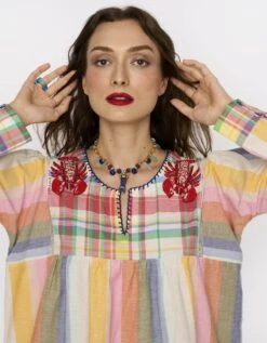 The Checks & Rainbow Striped Top W Hand Embroidered Lobsters On Yoke & Scalloping Detail At Hem -Africans Shop rarasss2023463