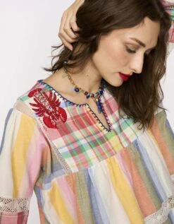 The Checks & Rainbow Striped Top W Hand Embroidered Lobsters On Yoke & Scalloping Detail At Hem -Africans Shop rarasss2023464