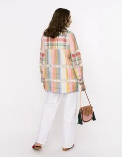 The Checks & Rainbow Striped Top W Hand Embroidered Lobsters On Yoke & Scalloping Detail At Hem -Africans Shop rarasss202346b