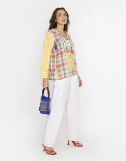 The Checks & Striped Hoodie Top W Hand Embroidered Yoke & Pocket