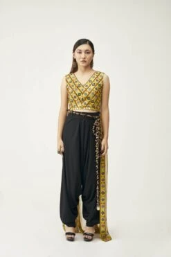 Mustard Top With Black Cotton Dhoti