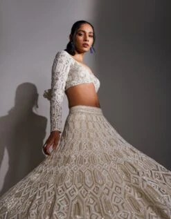 Ivory And Gold Tesalated Geometric Design Lehenga Set -Africans Shop rm0222153