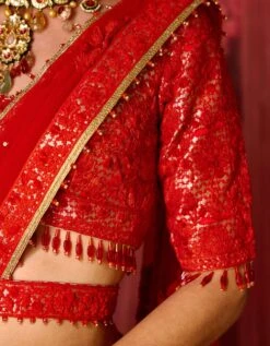 Red Brocade Applique And Thread Work Lehenga Set -Africans Shop snp42372