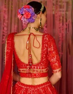 Red Brocade Applique And Thread Work Lehenga Set -Africans Shop snp42374