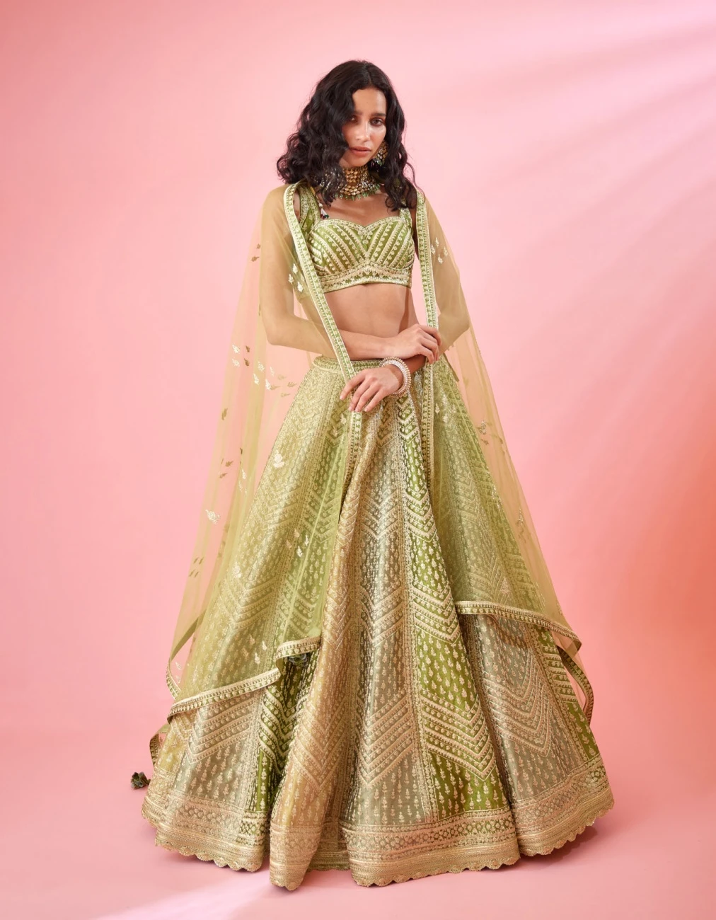 Olive Green Multi Shaded Zari Dori Embroidered Raw Silk And Brocade Lehenga Set 3 Olive Green Multi Shaded Zari Dori Embroidered Raw Silk And Brocade Lehenga Set
