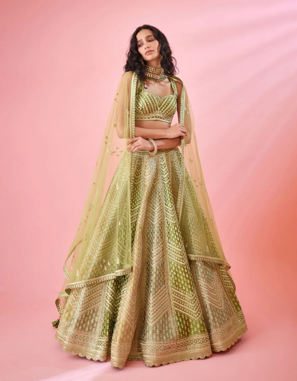 Olive Green Multi Shaded Zari Dori Embroidered Raw Silk And Brocade Lehenga Set 4 Olive Green Multi Shaded Zari Dori Embroidered Raw Silk And Brocade Lehenga Set - Image 2