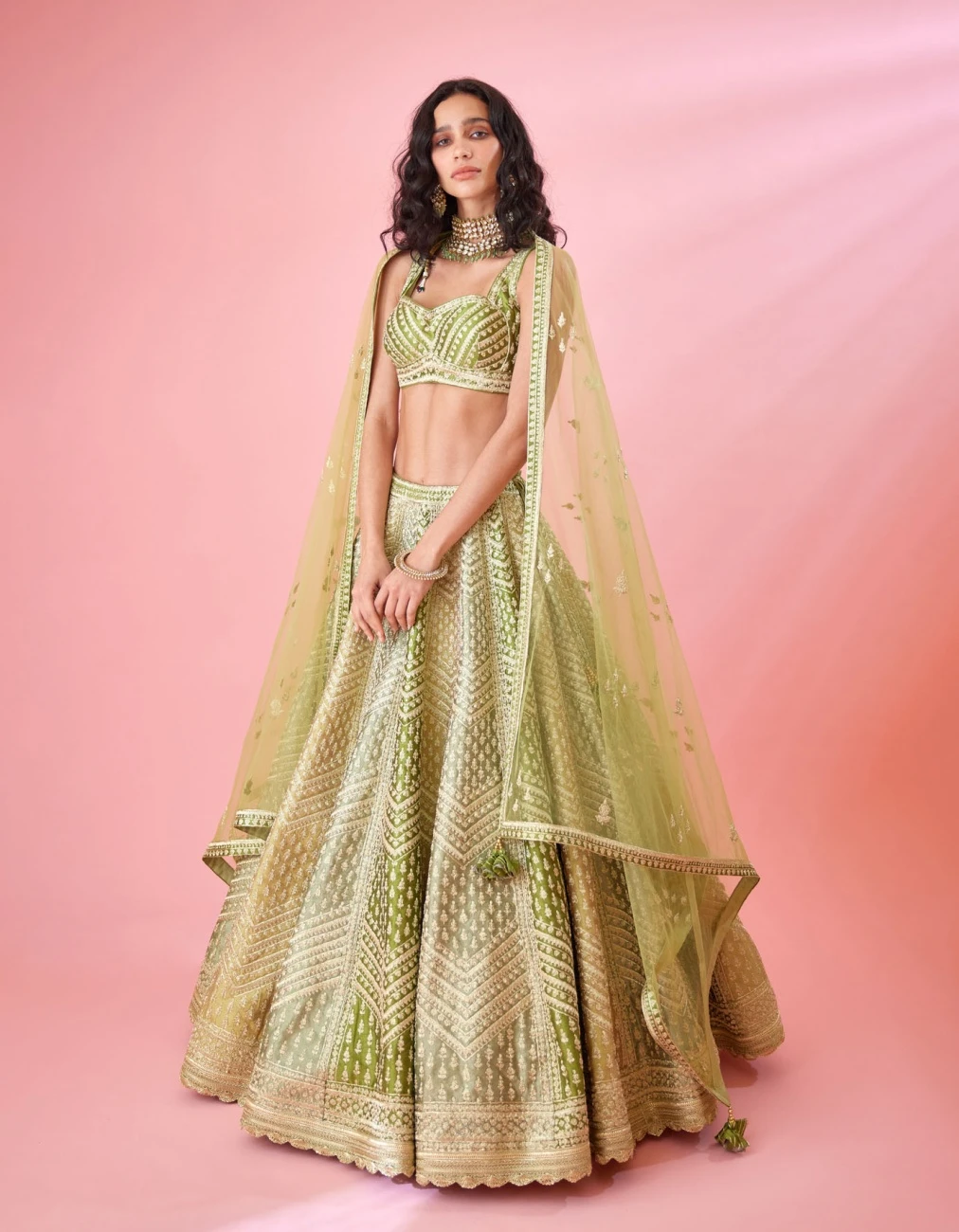 Olive Green Multi Shaded Zari Dori Embroidered Raw Silk And Brocade Lehenga Set 5 Olive Green Multi Shaded Zari Dori Embroidered Raw Silk And Brocade Lehenga Set - Image 3