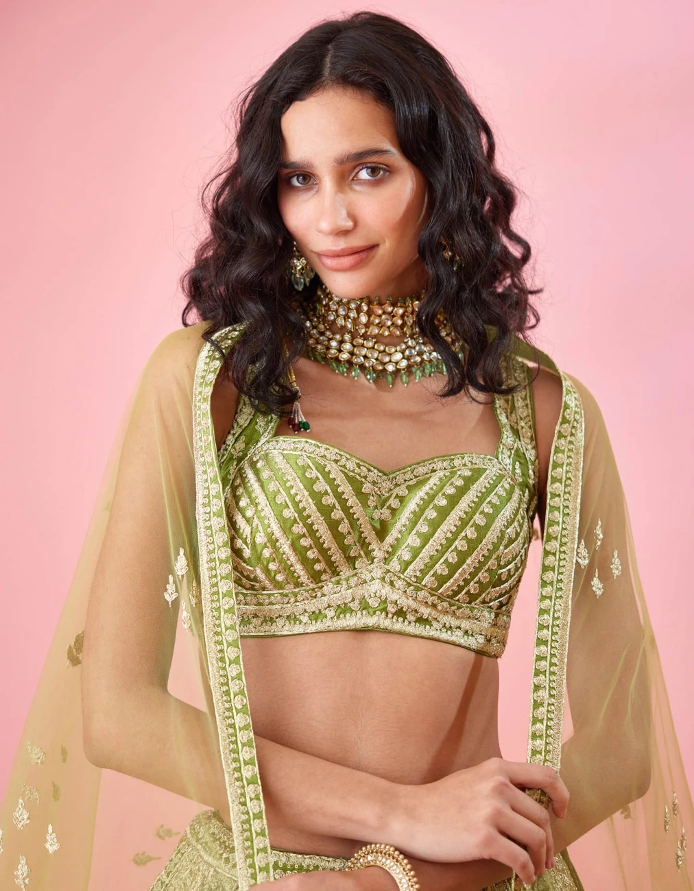 Olive Green Multi Shaded Zari Dori Embroidered Raw Silk And Brocade Lehenga Set 9 Olive Green Multi Shaded Zari Dori Embroidered Raw Silk And Brocade Lehenga Set - Image 7