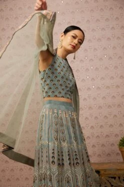 Blue Sarouk Embroidered Lehenga Set With Dupatta -Africans Shop sp36434