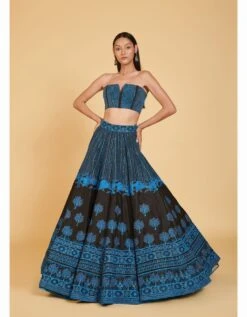 Black And Blue Taffeta Lehenga With Bustier