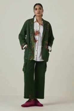 Green Gulzaar Khadi Cargo Pant -Africans Shop ss2316c3