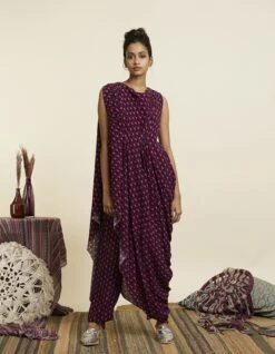 Wine Geo Print Crop Top Attached Drape With Pants