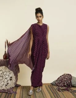 Wine Geo Print Crop Top Attached Drape With Pants -Africans Shop svalfw23k02c3 1