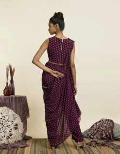 Wine Geo Print Crop Top Attached Drape With Pants -Africans Shop svalfw23k02cb 1