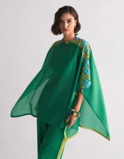 Green Tablemat Shirt With Shoulder Applique And Cutwork -Africans Shop tms100034