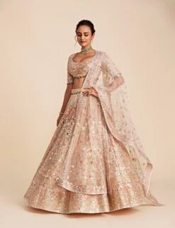 Peach Tulle Lehenga Set With Blue, Pink And Peach Embroidery
