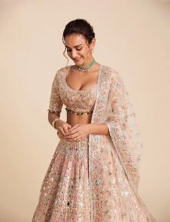 Peach Tulle Lehenga Set With Blue, Pink And Peach Embroidery -Africans Shop tpkog055