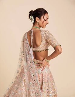 Peach Tulle Lehenga Set With Blue, Pink And Peach Embroidery -Africans Shop tpkog056