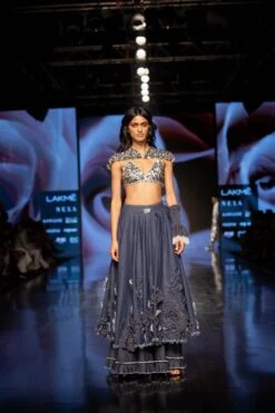 3D Floral Embellished Denim Lehenga Set