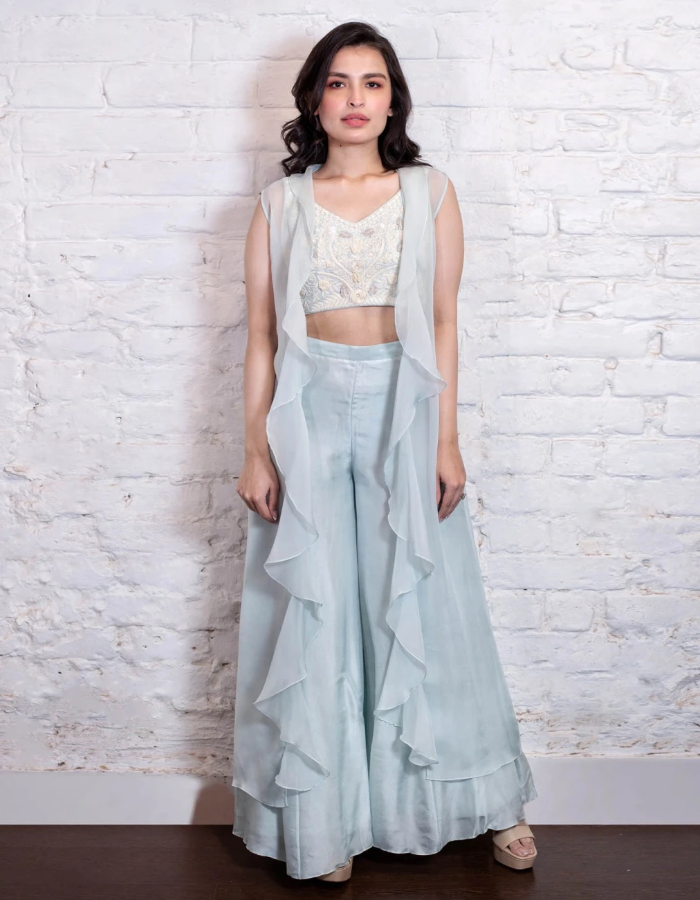 Turquoise Ruffle Jacket With Pant Set 3 Turquoise Ruffle Jacket With Pant Set