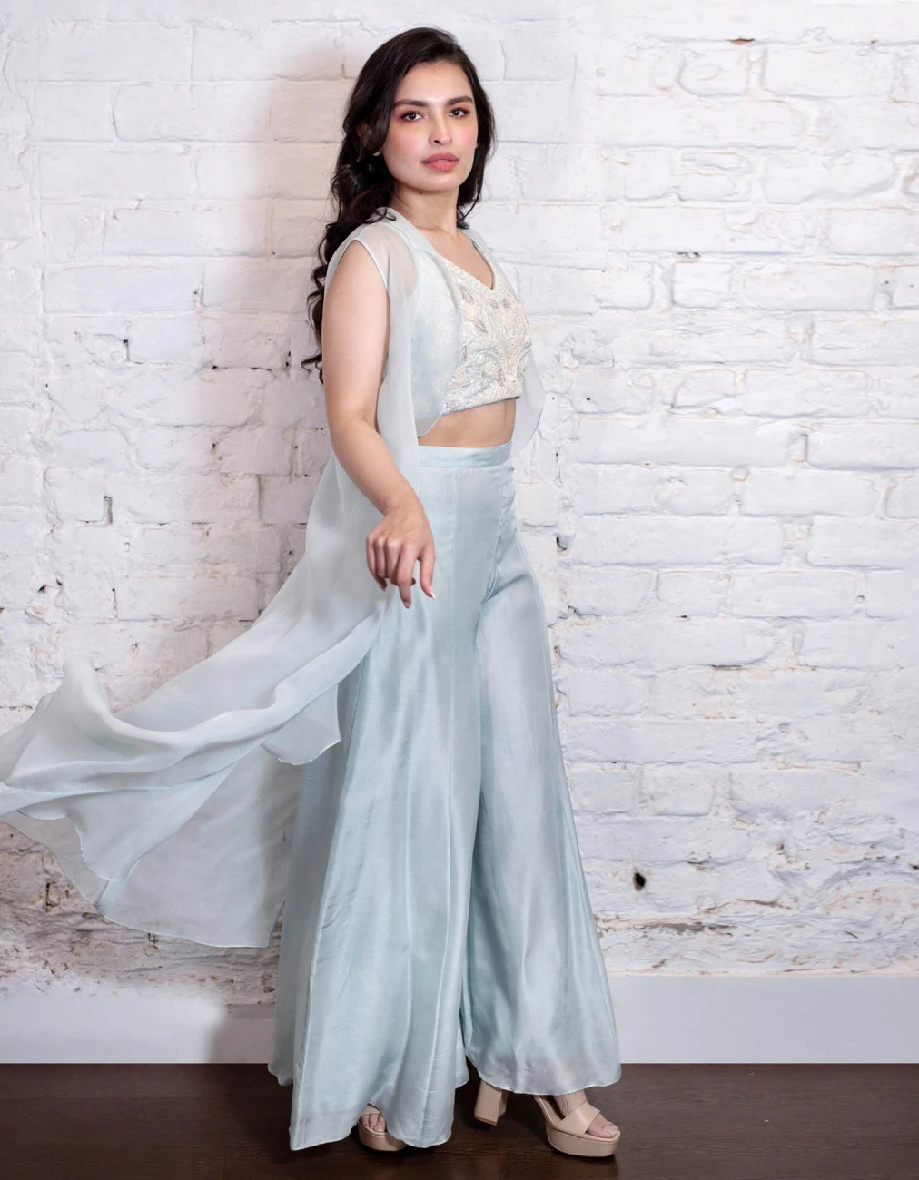 Turquoise Ruffle Jacket With Pant Set 5 Turquoise Ruffle Jacket With Pant Set - Image 3