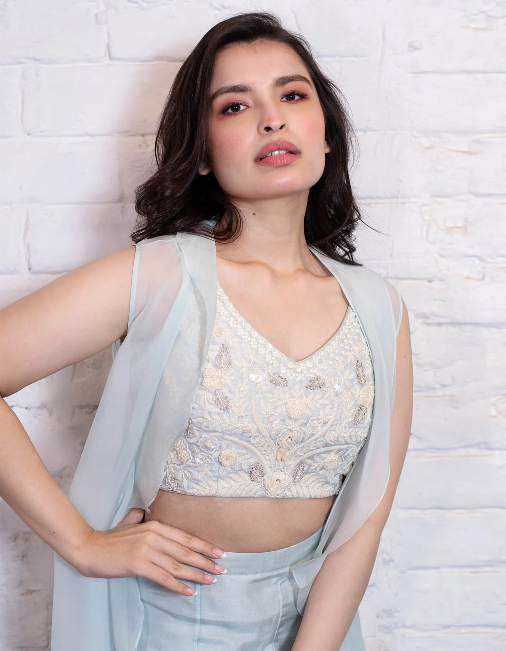 Turquoise Ruffle Jacket With Pant Set 6 Turquoise Ruffle Jacket With Pant Set - Image 4