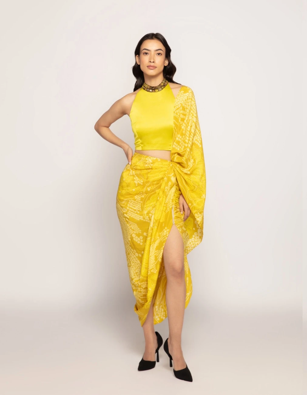 Yellow Halter Style Blouse With Hand Embroidered Mirrors And Thread Work Neckline Detailing 3 Yellow Halter Style Blouse With Hand Embroidered Mirrors And Thread Work Neckline Detailing