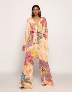 Peach Bandhani Print Part Hand Micro Pleated Kaftan With A Drawstring Waist