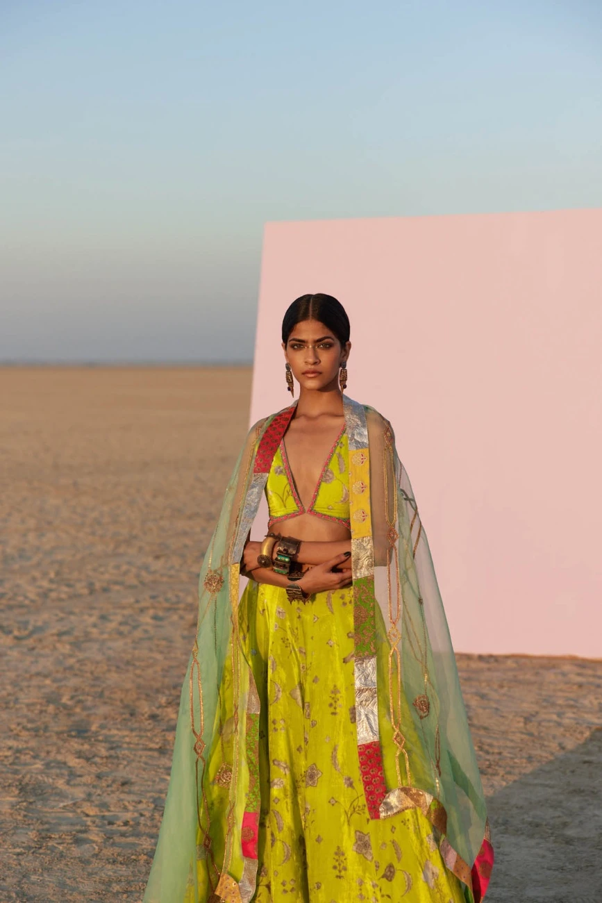 Bright Lime Printed Silk Velvet Lehenga Set 3 Bright Lime Printed Silk Velvet Lehenga Set