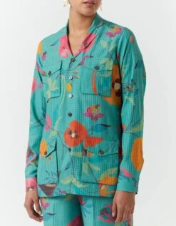 Vineyard Cotton Silk Check Shikari Jacket In Aqua -Africans Shop ws334csc5854