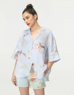 Rainforest Oversized Bush Shirt Ice Blue Linen -Africans Shop ws479li5563